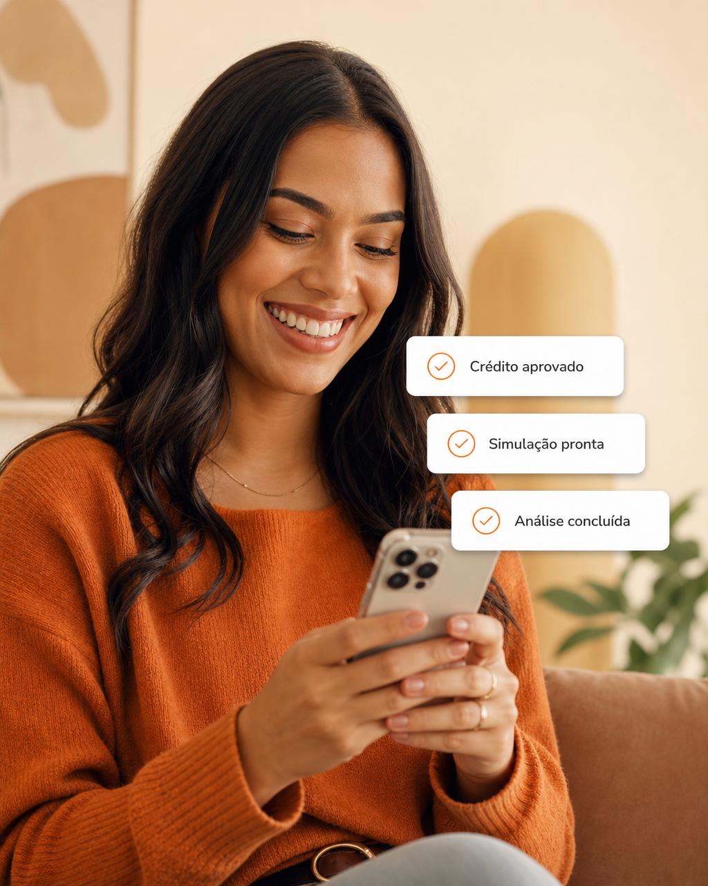 Cliente sorrindo ao receber a aprovação do crédito no celular